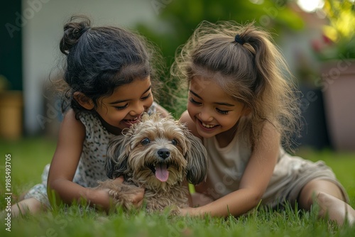 Children of different nationalities having fun with a pet outdoors, theme of sibling love, concept of family values