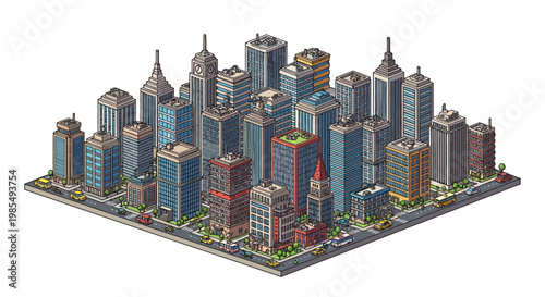 Isometric Cityscape with Diverse Skyscrapers and Urban Streets.