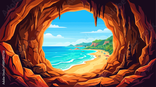 Colorful Cave Interior with Ocean View Vector Illustration