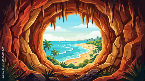 Colorful Cave Interior with Ocean View Vector Illustration