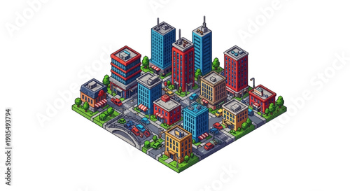 Isometric Cityscape with Tall Buildings and Streets.