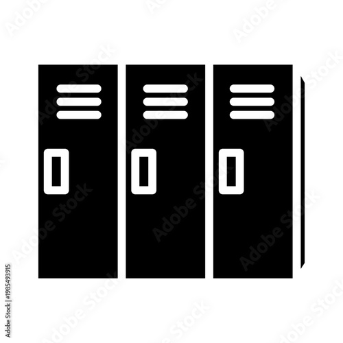 Three black gym lockers with white outlines for doors