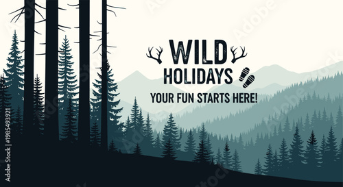 Scenic mountain range and dense evergreen pine forest landscape background suitable for wild holidays and outdoor adventure travel banners.