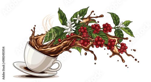 Energetic splash of dark coffee from a cup accompanied by ripe red coffee berries and white jasmine flowers for cafe and bistro themes.