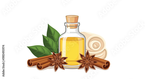 Bottle of natural essential oil artistically surrounded by aromatic cinnamon sticks star anise spices and fresh green tea leaves for spa use.