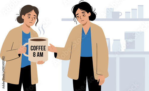 Two women exchanging coffee cups in a modern kitchen interior setting