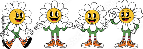 Retro Cartoon Daisy Flower Characters Set in Vintage Rubber Hose Animation Style with Various Poses and Expressions