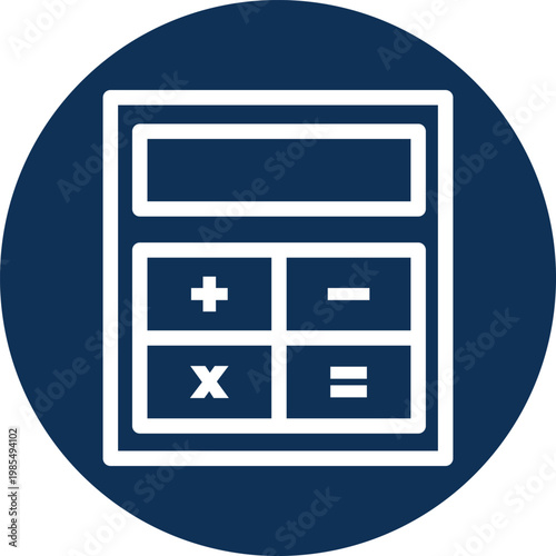 A white calculator icon with a dark blue background circle