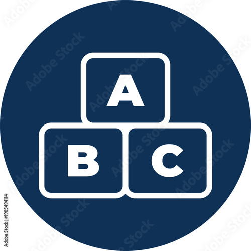 White blocks with letters A B C inside a dark blue circle