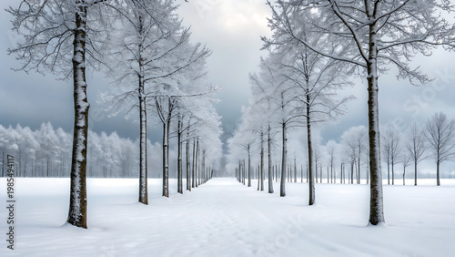 Serene snow-covered tree-lined pathway in winter fog with soft lighting