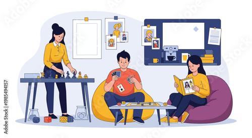 Friends enjoying board games and reading together.