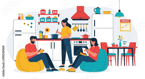 Friends relaxing and cooking in a modern kitchen.