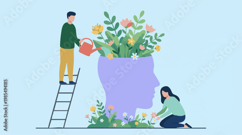 People cultivating mental well-being by growing flowers in a head