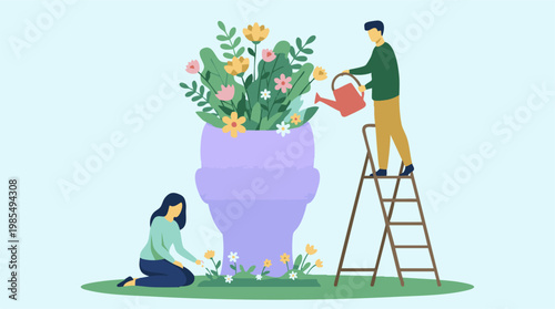 People nurturing a brain-shaped garden for mental health and growth