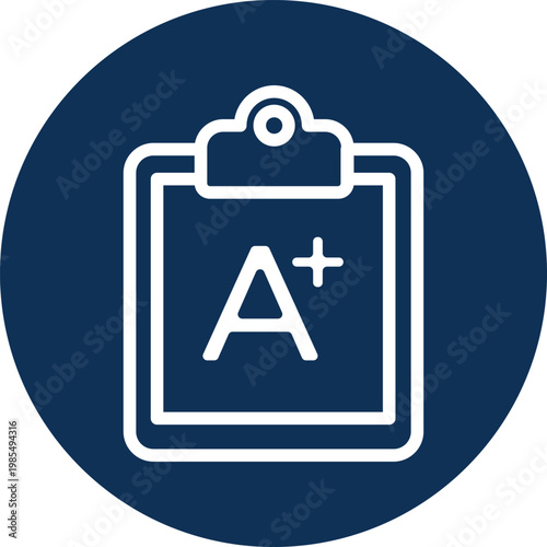 White outline of a clipboard with an A grade on a dark blue circle background