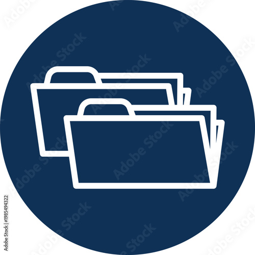 Three white folders are layered and outlined in a dark blue circle
