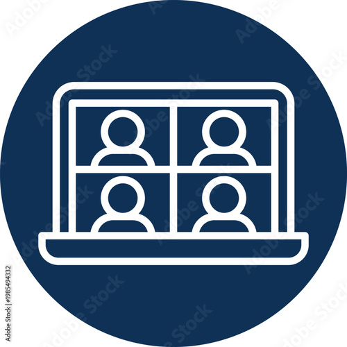 A white icon of a video conference on a dark blue circle
