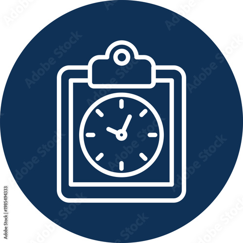 A clipboard with a clock icon on a dark blue circle background