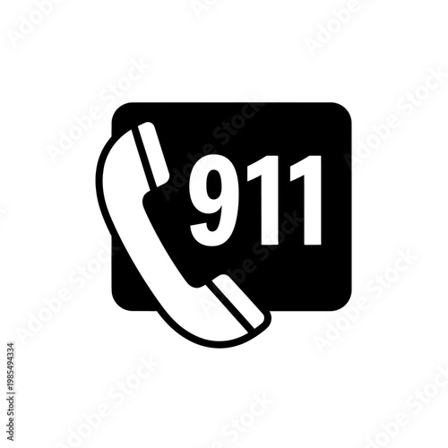 Emergency call icon with a telephone receiver and the numbers nine one one on a black square