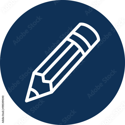 White pencil icon on a navy blue circle background
