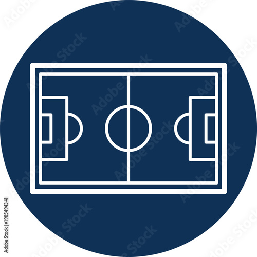 A white outline of a soccer field on a dark blue circle