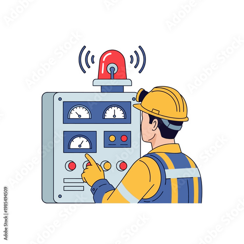 Industrial Worker Operating Control Panel with Warning Light and Gauges