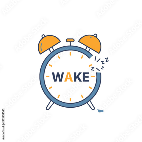 An illustrated alarm clock with the word WAKE, representing the concept of waking up
