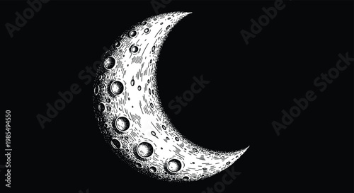 Detailed crescent moon featuring craters and rocky textures hand drawn in a bold black and white line art style on a solid black background.