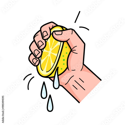 A hand squeezing a yellow citrus fruit, with juice droplets falling down from it