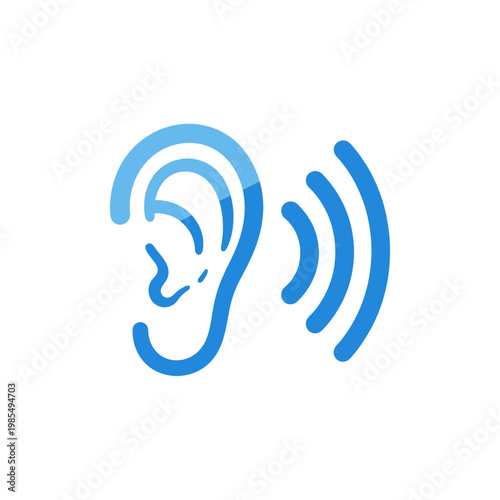 A simple blue illustration of an ear with sound waves emanating from it on a white background