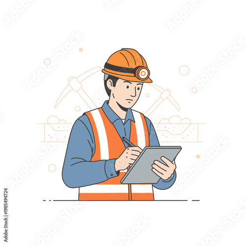 Miner in hard hat and vest with tablet, checking plans at mine site