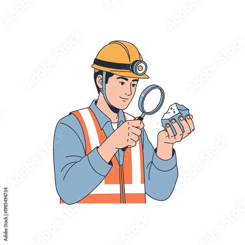 Miner in Hard Hat Inspects Rock Sample with Magnifying Glass