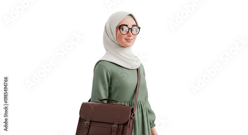 3D Rendered Woman in Hijab and Glasses with Briefcase