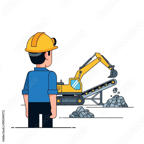 Miner in Hard Hat Supervising Excavator and Conveyor Belt at Construction Site