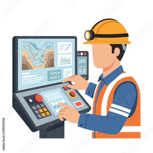 Miner operating mining control panel with screen displaying geological data and charts