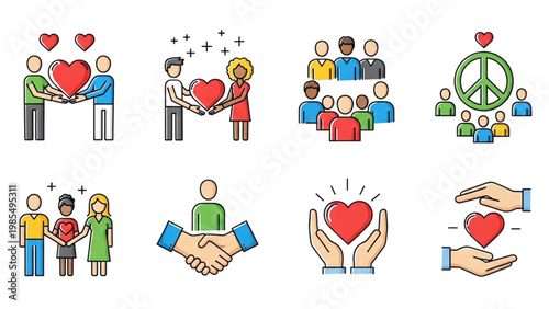 Illustration showing colorful people icons representing love charity community peace unity support kindness and social collaboration through various heart shapes and diverse human figures together.