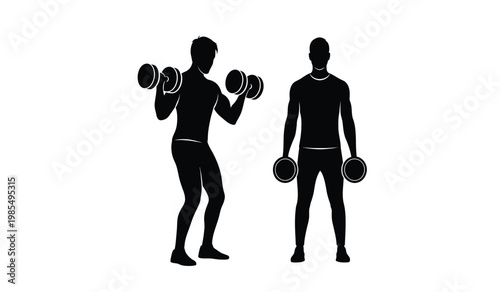 Two black silhouettes of muscular men lifting dumbbells in distinct poses showcasing strength and fitness a striking silhouette high quality professional detailed modern elegant