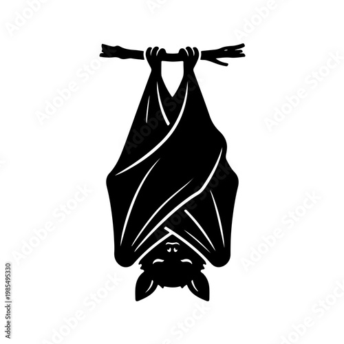 icon of a sleeping bat hanging upside down with its wings wrapped around its body. This unique symmetrical design represents rest, mystery, and nocturnal life, perfect for logos, creative branding