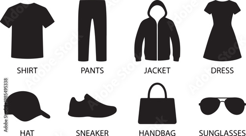 Fashion Clothing Icons, Vector Silhouettes, Black Outlines, Accessories, Style Elements