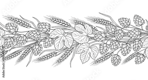 Intricate seamless horizontal border featuring detailed hops cones and golden wheat ears in a black and white line art style for brewing.
