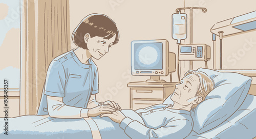 Hospital scene, nurse comforting patient, medical care, healthcare vector illustration