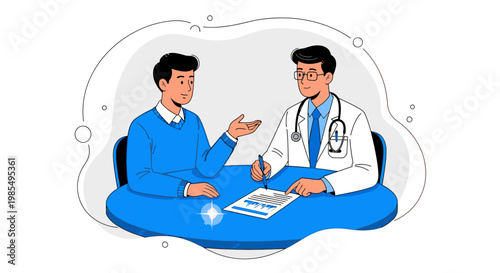 Medical consultation, doctor patient discussion, healthcare vector illustration, blue themed, conversation concept