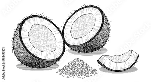 Detailed hand-drawn illustration of tropical coconuts featuring two halves with white pulp, a single slice, and a pile of shredded coconut flakes.