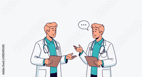Doctors, physicians, or medical professionals in conversation, discussing health, medicine, or treatment. Two cartoon male doctors talking, stethoscopes around their necks