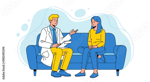 Psychologist consultation, therapist talking to patient, doctor on couch, mental health discussion, vector illustration