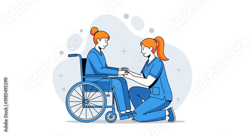 Medical, healthcare, and support concept, blue cartoon nurse helping patient in wheelchair, vector illustration, care and assistance, disability and accessibility, medical professional