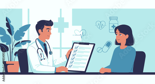Doctor, patient consultation, medical office, healthcare professionals, clinic, vector illustration