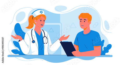 Doctor, patient consultation, medical illustration, healthcare vector, blue color scheme, modern style