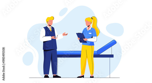 Business people, colleagues, discussing, teamwork, office, flat design, vector illustration, blue and yellow color scheme, modern style, workplace, communication, collaboration, professional