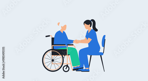 Nurse assisting elderly patient, healthcare vector illustration, medical support, caregiver compassion